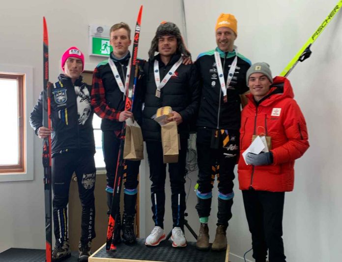 Open Mens Podium: L to R - Conor McGovern (4th), Erikson Moore (2nd), Leo Grandbois (1st), Julian Smith (3rd), Sasha Masson (5th). Photo credit Leslie Bode