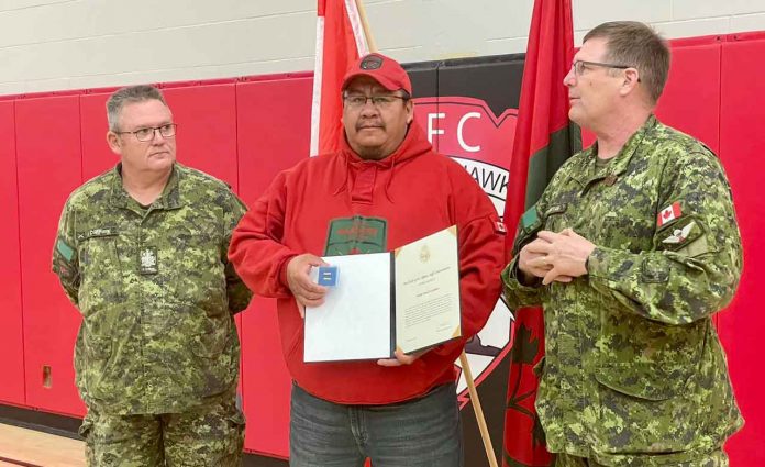 Canadian Ranger Sergeant Buster Kurahara was presented with the Chief of Defence Staff (CDS) Commendation in May by the command team of the 3rd Canadian Ranger Patrol Group (3CRPG), Lieutenant-Colonel Shane McArthur and Chief Warrant Officer James Currier. 3CRPG photo