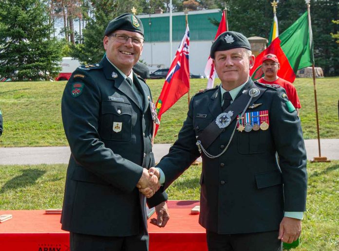 Lt.-Col Shane McArthur, left, Ontario's Canadian Rangers' Commanding Officer since July 2019, handed command of the group over to Lt.-Col Scott Moody during a Change of Command Ceremony at Canadian Forces Base Borden Sept. 7.