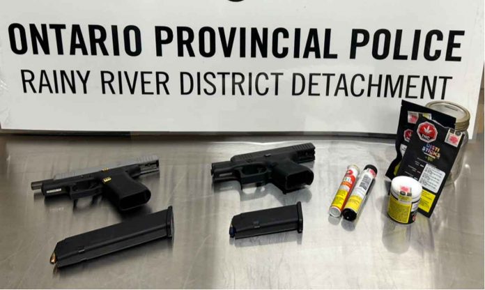 On November 27, 2023, at approximately 9:05 p.m. Fort Frances Ontario Provincial Police (OPP) were conducting a RIDE check on Highway 11-71 at Highway 502 in Halkirk Township. A vehicle entered the RIDE check and through investigation, officers located 2 loaded firearms and cannabis in the vehicle.