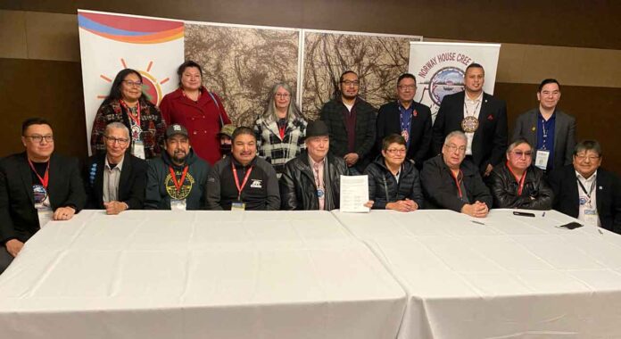 From left to right: NHCN Councillor Deon Clarke, Wunnumin Lake Proxy Chief - Matthew Angees, Kasabonika Lake Chief Tom Semple, Kingfisher Lake Chief Eddie Mamakwa, MPP Sol Mamakwa, Norway House Cree Nation Chief Larson Anderson, Wawakapewin Chief Annamarie Beardy, NAN Grand Chief Alvin Fiddler, Kitchinumaykoosib Inninuwug Chief Donnie Morris, Wapekeka Chief Brennan Sainnawap, NHCN Councillor David Swanson.