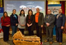 Unveiling the “Indigenous Ingenuity: Timeless Inventions” Exhibit and the 12th Annual Thunder Bay Science Festival Photo (left to right): Acting Mayor Rajni Agarwal, City of Thunder Bay; Emily Kerton, Senior Manager, Outreach & Indigenous Initiatives; Erin Moir, Co-Executive Director, EcoSuperior; Chief Michele Solomon, Fort William First Nation; Steven Debassige, Cultural Integrity Lead, Indigenous Tourism Ontario; Dr. Michel Beaulieu, Chair, Thunder Bay Museum; Scott Bradley, Executive Director, Thunder Bay Museum