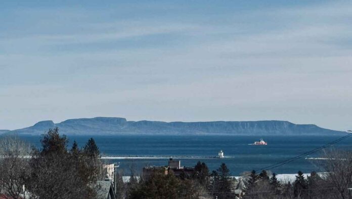 Shot on Friday afternoon looking out at Thunder Bay with Ice Breaker