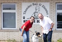 Hospital Foundation’s August 50/50 Expands to Feature Adoptable Pets Shawna Beaulieu, Executive Director of the Thunder Bay & District Humane Society, and Hospital Foundation CEO Glenn Craig with Keith, who is looking for his forever home.