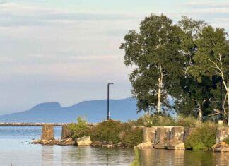 Thunder Bay weather for June 23, 2026: partly cloudy and 8°C early, becoming sunny then mixed by noon Sleeping Giant from Pool Six - Cruise Ship pathway