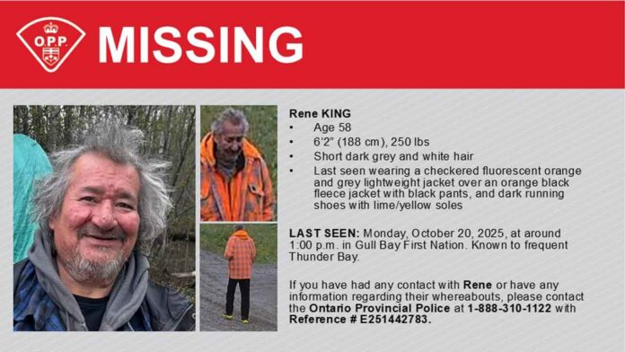 OPP seek help locating Rene KING, 58, missing from Gull Bay; may be in Thunder Bay area