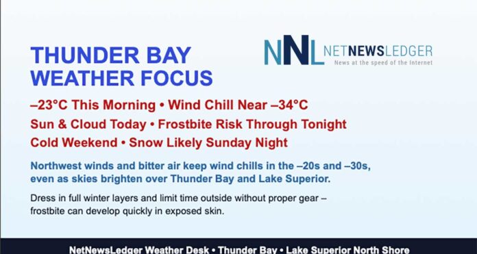 Thunder Bay plunges to –23°C with wind chills near –34 this morning, sunshine and cloud through the day, and a deep freeze continuing into Sunday with frostbite risk. Thunder Bay plunges to –23°C with wind chills near –34 this morning, sunshine and cloud through the day, and a deep freeze continuing into Sunday with frostbite risk.
