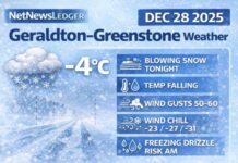 December 28, 2025: Geraldton–Greenstone Weather Focus — Blowing Snow Tonight and a Sharp Plunge in Wind Chills Geraldton Dec 28 2025