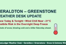 NetNewsLedger Weather Desk – Geraldton / Greenstone Update Geraldton–Greenstone faces snow today and tonight with wind chills near –31, frostbite risk, and flurries with deep cold continuing into the weekend
