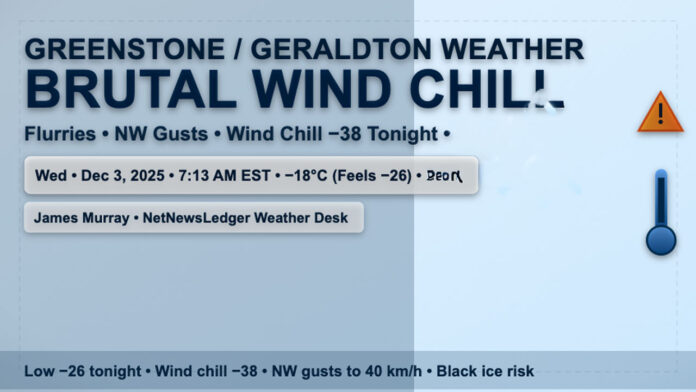 Greenstone–Geraldton: Bitter wind chills and spot flurries today. Low −26 tonight with wind chill near −38. Sun early Thursday, flurries return later. Frostbite risk.
