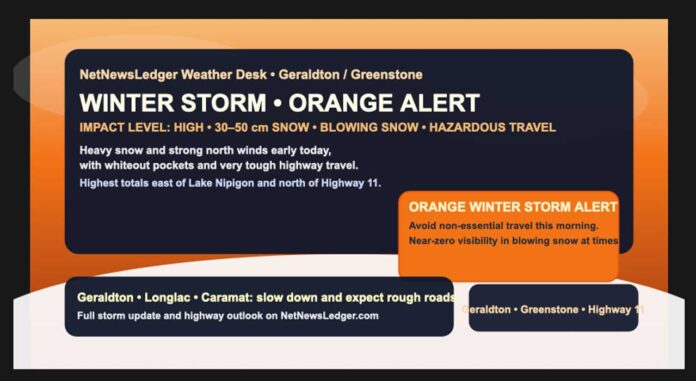Geraldton–Greenstone faces an intense winter storm, with up to 50 cm of snow, blowing snow, -30s wind chills and an Orange Winter Storm alert through Friday morning
