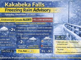 December 26, 2025: Kakabeka Falls Freezing Rain Advisory — Slippery Surfaces Possible Saturday Kakabeka Falls weather advisory for Saturday, Dec. 27, 2025: Yellow Freezing Rain Warning with freezing drizzle overnight and rain mixed with freezing rain developing early Saturday