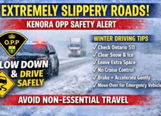 Kenora OPP Warn of Extremely Slippery Roads on Highway 17 and Across Region Kenora, OPP, Highway 17, Northwestern Ontario, winter driving, icy roads, blowing snow, road conditions, collisions, disabled vehicles, Ontario 511, traffic safety, emergency vehicles, move over