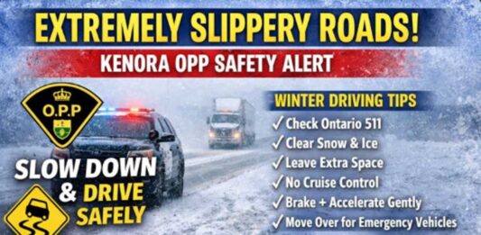 Kenora OPP Warn of Extremely Slippery Roads on Highway 17 and Across Region Kenora, OPP, Highway 17, Northwestern Ontario, winter driving, icy roads, blowing snow, road conditions, collisions, disabled vehicles, Ontario 511, traffic safety, emergency vehicles, move over