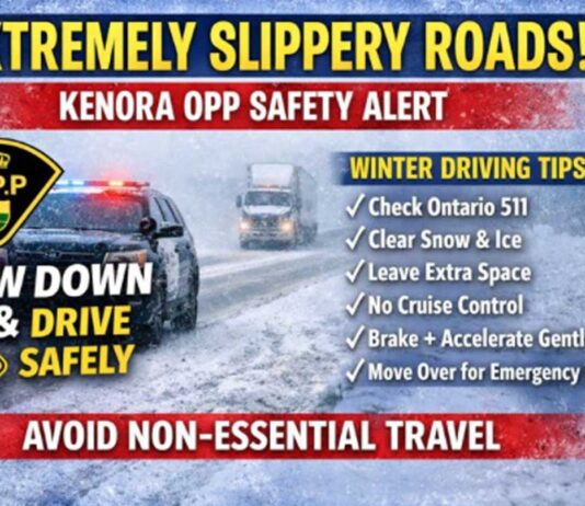 Kenora OPP Warn of Extremely Slippery Roads on Highway 17 and Across Region Kenora, OPP, Highway 17, Northwestern Ontario, winter driving, icy roads, blowing snow, road conditions, collisions, disabled vehicles, Ontario 511, traffic safety, emergency vehicles, move over