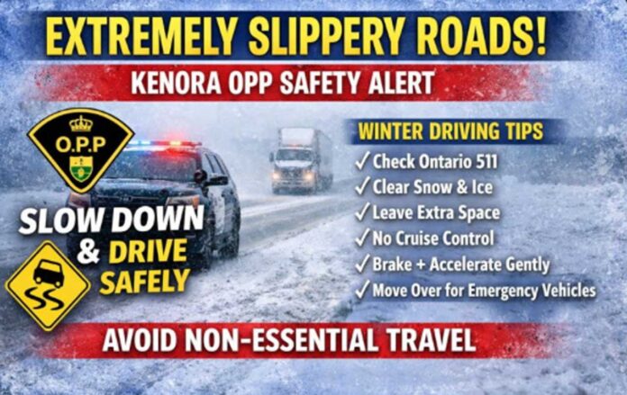 Kenora, OPP, Highway 17, Northwestern Ontario, winter driving, icy roads, blowing snow, road conditions, collisions, disabled vehicles, Ontario 511, traffic safety, emergency vehicles, move over