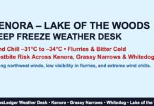 Kenora Locked in the Deep Freeze: Bitter Wind Chills and Flurries for Lake of the Woods Region Kenora, Grassy Narrows, Whitedog and Lake of the Woods face intense cold with –18°C temperatures, wind chills near –34, flurries, and frostbite risk through Saturday