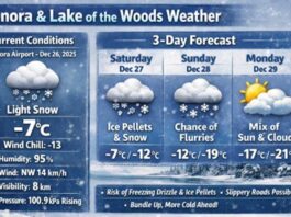 December 26, 2025: Kenora & Lake of the Woods Detailed Weather Forecast — Light Snow Now, Ice Pellets Possible Saturday Kenora Weather Dec 26 2025