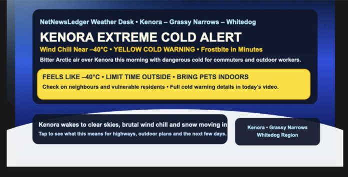 Kenora faces extreme cold with wind chills near -40, a Yellow Cold Warning, sunshine turning to snow, and dangerous frostbite risk this morning and tonight.