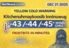 December 31, 2025: Kitchenuhmaykoosib Inninuwug Weather Focus — Extreme Wind Chills Near -45, Frostbite in Minutes Kitchenuhmaykoosib Inninuwug (Big Trout Lake–Kasabonika) weather for Dec. 31, 2025: Yellow Cold Warning with extreme wind chills of -40 to -45 and gusty winds up to 60 km/h. Frostbite can occur in minutes; flurries possible today and tonight.