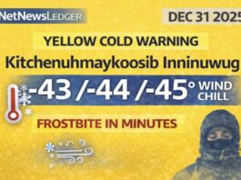December 31, 2025: Kitchenuhmaykoosib Inninuwug Weather Focus — Extreme Wind Chills Near -45, Frostbite in Minutes Kitchenuhmaykoosib Inninuwug (Big Trout Lake–Kasabonika) weather for Dec. 31, 2025: Yellow Cold Warning with extreme wind chills of -40 to -45 and gusty winds up to 60 km/h. Frostbite can occur in minutes; flurries possible today and tonight.