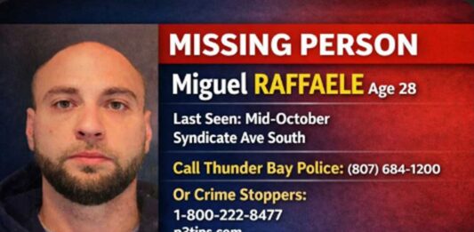 December 30 2025 – Thunder Bay Police Seek Public Help to Locate Missing Man Miguel Raffaele Thunder Bay Police,missing person,Miguel Raffaele,Syndicate Avenue South,Thunder Bay,TBPS,Crime Stoppers,public assistance,Northwestern Ontario,local news