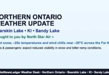 NetNewsLedger Weather Desk – Northern Ontario Update: Bearskin Lake, Kitchenuhmaykoosib Inninuwug (KI) and Sandy Lake Bearskin Lake, KI and Sandy Lake face snow, strong west winds, wind chills near –33°C and repeated flurries, bringing frostbite risk across the Far North