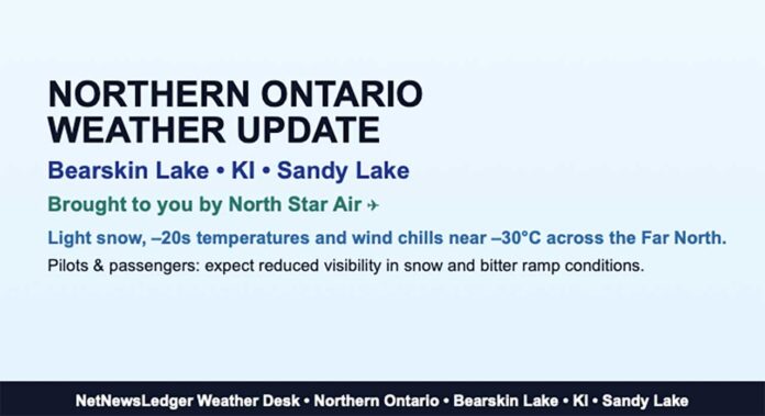 Bearskin Lake, KI and Sandy Lake face snow, strong west winds, wind chills near –33°C and repeated flurries, bringing frostbite risk across the Far North