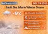 December 29, 2025: Sault Ste. Marie Weather Update — ORANGE Winter Storm Warning Continues With Blowing Snow and Near-Whiteout Risk Sault Ste. Marie weather update for Monday, Dec. 29, 2025: ORANGE Winter Storm Warning continues with heavy snow and blowing snow, NW wind gusts 60–80 km/h and blizzard conditions. Flurries linger tonight and snow squall risk returns Tuesday afternoon