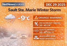 December 29, 2025: Sault Ste. Marie Weather Update — ORANGE Winter Storm Warning Continues With Blowing Snow and Near-Whiteout Risk Sault Ste. Marie weather update for Monday, Dec. 29, 2025: ORANGE Winter Storm Warning continues with heavy snow and blowing snow, NW wind gusts 60–80 km/h and blizzard conditions. Flurries linger tonight and snow squall risk returns Tuesday afternoon