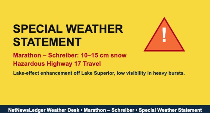 Marathon and Schreiber face 10 to 15 cm of snow today into tonight, with snow squalls, blowing snow, and hazardous travel along Highway 17