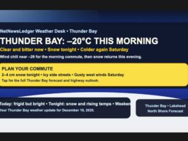Thunder Bay Weather Update: Sunshine After a Deep Freeze, Snow on the Way Tonight Thunder Bay starts at –20°C under clear skies, then snow arrives tonight with 2–4 cm and falling temperatures again Saturday. Get the full weekend weather outlook.