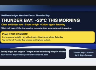 Thunder Bay Weather Update: Sunshine After a Deep Freeze, Snow on the Way Tonight Thunder Bay starts at –20°C under clear skies, then snow arrives tonight with 2–4 cm and falling temperatures again Saturday. Get the full weekend weather outlook.