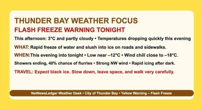 Thunder Bay faces a flash freeze Tuesday evening as temperatures plunge from +3°C to –12°C, rapidly freezing slush and water into ice before snow and deep cold return Thunder Bay faces a flash freeze Tuesday evening as temperatures plunge from +3°C to –12°C, rapidly freezing slush and water into ice before snow and deep cold return
