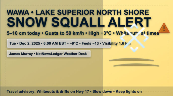 Wawa: Snow squalls ease late morning but travel stays tough. 5–10 cm local, gusty SW winds, high −3. Flurries continue tonight; colder, windy Wednesday