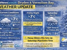 Freezing Rain Advisory for Ignace – Dryden and Vermilion Bay Weather Update Ignace Dryden & Vermilion Bay weather update for Friday, Dec. 26, 2025: cloudy and -7°C this evening with freezing drizzle risk overnight