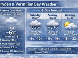 December 26, 2025: Dryden & Vermilion Bay Detailed Weather Forecast — Mist This Morning, Ice Pellets Likely Tonight into Saturday Dryden and Vermilion Bay Weather December 26 2925