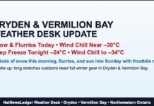 Dryden and Vermilion Bay Shiver Under Deep Freeze and Blowing Snow Dryden and Vermilion Bay see snow and flurries today with wind chills near –30, dropping to –34 tonight and staying brutally cold through the weekend with frostbite risk