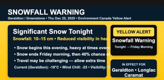 Greenstone / Geraldton Weather Focus — Thursday, December 25, 2025 greenstone weather Snowfall Warning Dec 25 2025