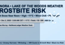 Kenora–Lake of the Woods Weather: Bitter Cold, Light Snow, Frostbite Risk Kenora–Lake of the Woods: Light snow near noon then clearing late. Turning very cold tonight (low −20, wind chill −29) with frostbite risk. Flurries, NW gusts Wed