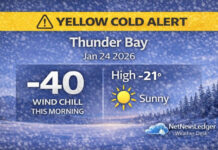 January 24, 2026: Thunder Bay Weather Forecast — Yellow Cold Warning Continues as Wind Chills Stay Near -40 Thunder Bay remains under a Yellow Cold Warning on Jan. 24, 2026, with wind chills near -40 to -45 through Sunday morning. Full forecast, frostbite risk guidance, wardrobe tips, and weekend outlook