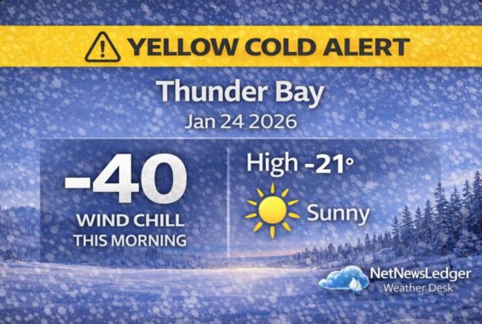 Thunder Bay remains under a Yellow Cold Warning on Jan. 24, 2026, with wind chills near -40 to -45 through Sunday morning. Full forecast, frostbite risk guidance, wardrobe tips, and weekend outlook Thunder Bay remains under a Yellow Cold Warning on Jan. 24, 2026, with wind chills near -40 to -45 through Sunday morning. Full forecast, frostbite risk guidance, wardrobe tips, and weekend outlook