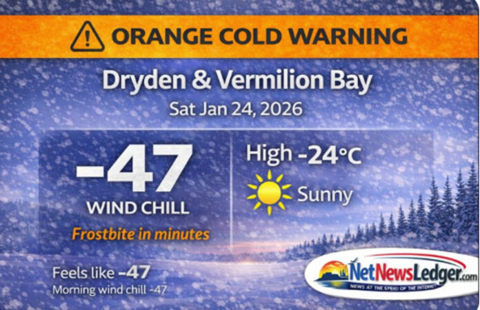 Dryden and Vermilion Bay remain under an Environment Canada Orange Cold Warning on Jan. 24, 2026. Morning wind chills near -47 and overnight wind chills near -41 keep frostbite risk high through the weekend. Full forecast and cold safety tips. Dryden and Vermilion Bay remain under an Environment Canada Orange Cold Warning on Jan. 24, 2026. Morning wind chills near -47 and overnight wind chills near -41 keep frostbite risk high through the weekend. Full forecast and cold safety tips.