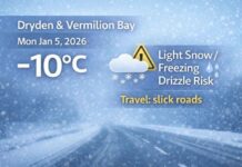 January 5, 2026: Dryden & Vermilion Bay Weather Focus — Cloudy, Light Snow, and Freezing Drizzle Risk Dryden and Vermilion Bay weather for Monday, Jan. 5, 2026: cloudy with a 60% chance of light snow, fog patches improving, and a risk of freezing drizzle that may create icy travel conditions. Continued light snow chances tonight and Tuesday, with a milder trend midweek