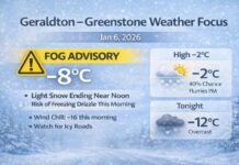 January 6, 2026: Geraldton–Greenstone Weather Focus — Light Snow Ends Near Noon, Freezing Drizzle Risk This Morning Geraldton–Greenstone weather for Jan. 6, 2026: cloudy with periods of light snow ending near noon, then a 40% chance of flurries. Risk of freezing drizzle