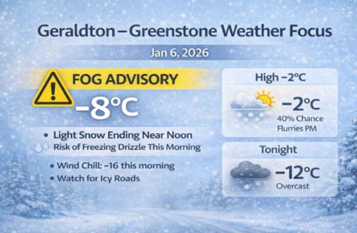 Geraldton–Greenstone weather for Jan. 6, 2026: cloudy with periods of light snow ending near noon, then a 40% chance of flurries. Risk of freezing drizzle