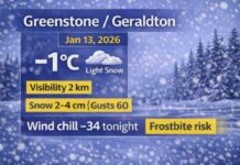 January 13, 2026: Greenstone–Geraldton Detailed Weather Forecast — Snow Today, Wind Turns North and Dangerous Cold Tonight Greenstone / Geraldton