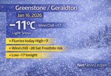 January 16, 2026: Greenstone–Geraldton Detailed Weather Forecast — Light Snow Now, Flurries Today, Bitter Cold Builds This Weekend Greenstone–Geraldton weather forecast for January 16, 2026: Light snow early with flurries today and highs near -7°C. Colder air builds tonight and Saturday with wind chills near -28 and frostbite risk. Bitter cold continues into Sunday with more snow late.