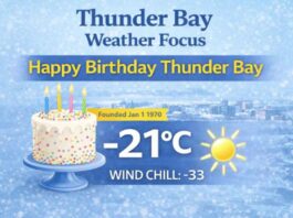 January 1, 2026: Thunder Bay Weather Focus — Happy New Year, and Happy Birthday Thunder Bay (Yes, It’s Cold) Thunder Bay weather for New Year’s Day 2026: -21°C this morning with wind chill near -33 and frostbite risk. Mainly sunny with a high near -14°C. Plus: Thunder Bay’s birthday history—Port Arthur and Fort William amalgamated on Jan. 1, 1970.