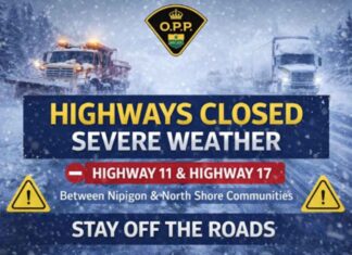 OPP: Highways 11 and 17 Closed Between Nipigon and North Shore Communities Amid Severe Weather Jan 13 2026 - OPP reports Hwy 11 and Hwy 17 closures near Nipigon due to severe weather and poor visibility